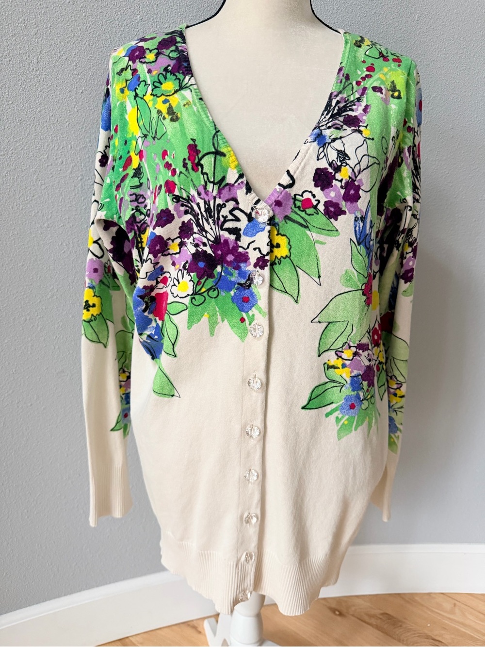 Victor Alfaro Silk Cashmere Blend Floral Button Cardigan Sweater XL